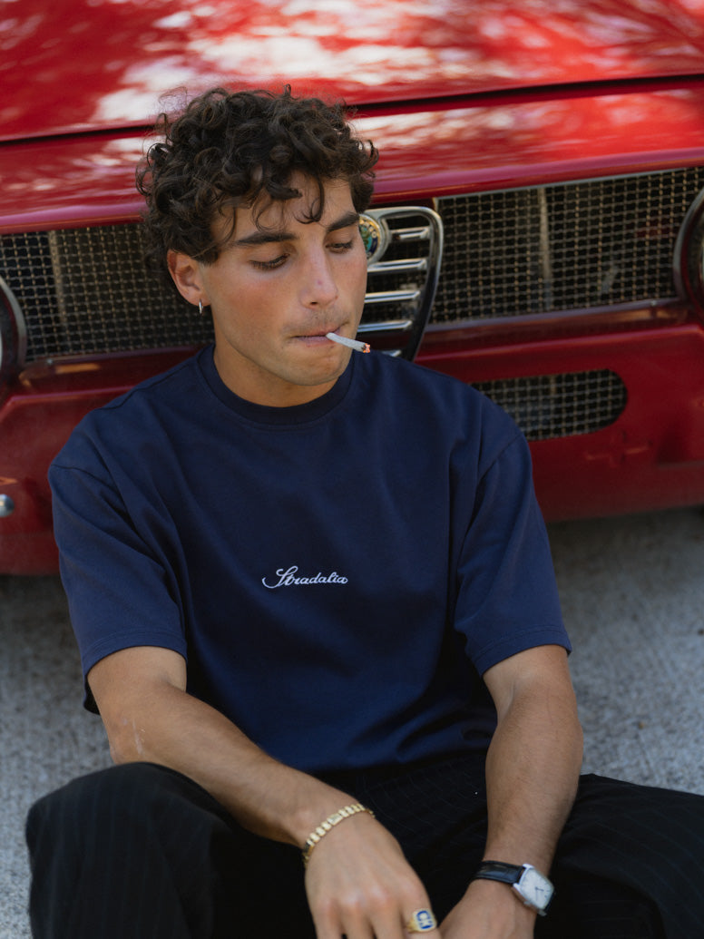 Script Logo Navy Embroidered Tee